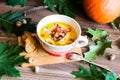 Pumpkin soup of hokaido pumpkin with bacon and toasted bread