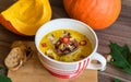 Pumpkin soup of hokaido pumpkin with bacon and toasted bread