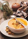 Pumpkin soup - puree with croutons Royalty Free Stock Photo