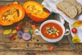 pumpkin soup puree in white bowl Royalty Free Stock Photo