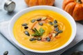 Pumpkin Soup with Pumpkin Seeds and Paprika, Delicious Vegan Meal, Vegetarian Food