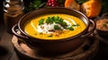 Pumpkin soup served in a rustic bowl