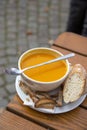 Pumpkin Soup Served In A Street Cafe