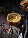 Pumpkin soup with cream and ingredients