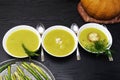 Pumpkin soup with shrimp, asparagus