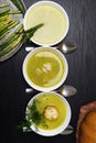 Pumpkin soup with shrimp, asparagus