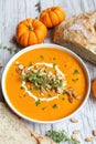 Pumpkin Soup with Sour Cream Fresh Thyme and Artisan Bread Royalty Free Stock Photo