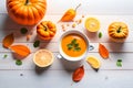 Pumpkin soup, top view. copy space. Seasonal autumn dish - pumpkin soup-puree with croutons and seeds. Royalty Free Stock Photo