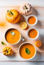 Pumpkin soup, top view. copy space. Seasonal autumn dish - pumpkin soup-puree with croutons and seeds. Royalty Free Stock Photo