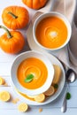 Pumpkin soup, top view. copy space. Seasonal autumn dish - pumpkin soup-puree with croutons and seeds. Royalty Free Stock Photo