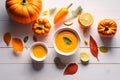 Pumpkin soup, top view. copy space. Seasonal autumn dish - pumpkin soup-puree with croutons and seeds. Royalty Free Stock Photo