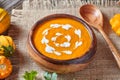 Pumpkin soup traditional spicy vegetarian autumn vegetable healthy organic diet creamy homemade food