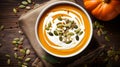 Overhead Shot of a Pumpkin Cream Soup with Seeds in a Bowl. Commercial Kitchen Backdrop Royalty Free Stock Photo