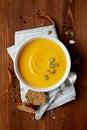 Pumpkin soup in white bowl Royalty Free Stock Photo