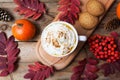 Pumpkin spice latte mug with whipped cream, top view Royalty Free Stock Photo