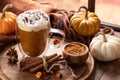 Pumpkin spice latte with autumn background Royalty Free Stock Photo