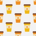Pumpkin spice latte coffee cups autumn seamless pattern