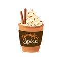 Pumpkin spice latte in disposable cup flat vector illustration. Tasty cappuccino decorated with whipped cream cap