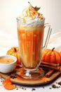 Pumpkin spice latte in a glass mug Royalty Free Stock Photo