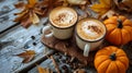 Pumpkin spice latte in glass mug with cinnamon, nutmeg, pumpkin seeds and whipped cream on brown texture wood. Royalty Free Stock Photo