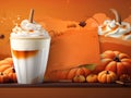 Pumpkin spice latte in a glass over orange background with orange pumpkins and copy space for text. Spicy Pumpkin latte commercial