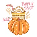 Pumpkin spice latte mug. Hand drawn vector illustration and lettering. Isolated on white background. Royalty Free Stock Photo