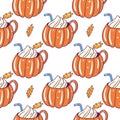 Pumpkin spice latte mug seamless pattern. Hand drawn vector illustration. Isolated on white background. Cartoon style Royalty Free Stock Photo