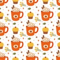 Pumpkin spice latte pattern hand drawn fall season seamless background with cup of hot drink, cupcake, berry vector Royalty Free Stock Photo