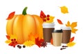 Pumpkin spice latte. Realistic coffee cups pumpkin autumn leaves. Hot autumn drinks vector illustration