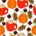 Pumpkin spice latte seamless pattern, bright cups and autumn elements on a white background Royalty Free Stock Photo