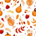 Pumpkin spice lover. international coffee day. Glass with latte foam, pumpkins, autumn leaves and apples. Seamless