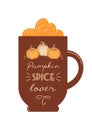 Pumpkin spice lover. International coffee day. Silhouette of a glass with foam. Vintage lettering. For cafes, shops