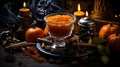 Pumpkin spice potion swirling concoction, magical spices, enchanted aroma, Halloween enchantment