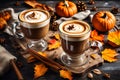 Pumpkin spiced latte or coffee in a glass on a vintage table. Autumn or winter drink