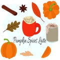 Pumpkin Spices Latte, Set of cups with autumn drink, pumpkins, spices and leaves