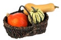 Wicker basket of cucurbitaceae in closeup on white background Royalty Free Stock Photo