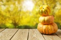 Pumpkin and squash on wooden table Royalty Free Stock Photo