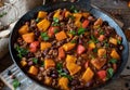 Pumpkin stew with ground beef, kidney beans and vegetable Royalty Free Stock Photo