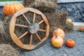 Pumpkin on straw, next to a wooden wheel, rustic still life. Ripe vegetables, autumn harvest. The Characters Of