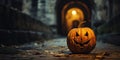 The pumpkin on the street of the ancient town is a symbol of Halloween, filling the air with a mysterious and enchanting