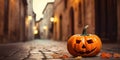 The pumpkin on the street of the ancient town is a symbol of Halloween, filling the air with a mysterious and enchanting
