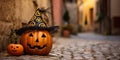 The pumpkin on the street of the ancient town is a symbol of Halloween, filling the air with a mysterious and enchanting