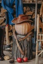 Pumpkin, stump, tool and firewood on veranda Royalty Free Stock Photo