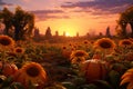 Pumpkin and sunflower field at sunset creating a Royalty Free Stock Photo