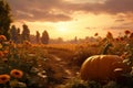 Pumpkin and sunflower field at sunset creating a Royalty Free Stock Photo