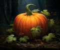 Pumpkin surrounded by vines, roots, leaves, in a dark dark forest. Pumpkin as a dish of thanksgiving for the harvest Royalty Free Stock Photo