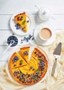 Pumpkin tart decorated with berries, top view Royalty Free Stock Photo