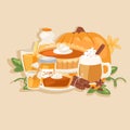 Pumpkin thanksgiving harvest seasonal flavored products, food and drinks cartoon vector illustration.