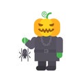 Pumpkin three quarters holding spider on web and smiles