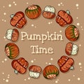 Pumpkin time decorative wreath cute cozy banner with pumpkins. Autumn festive poster. Fall harvest greetings postcard Royalty Free Stock Photo